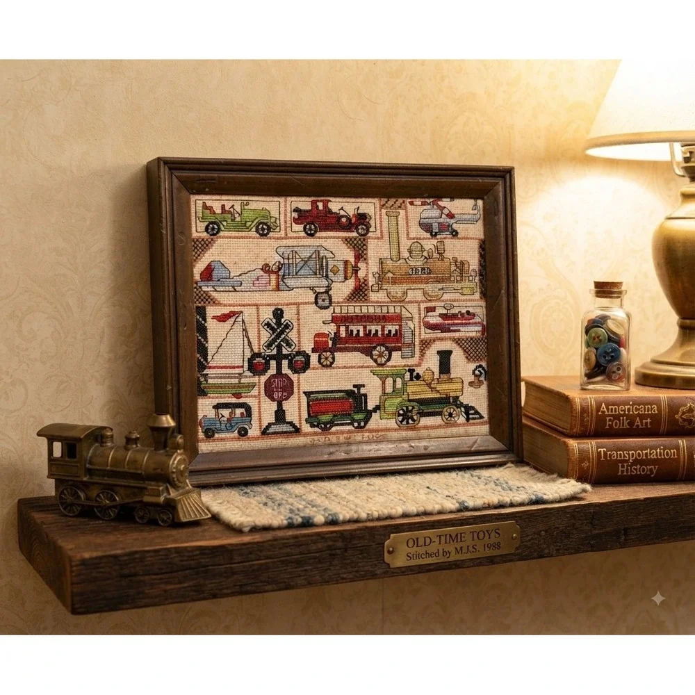 Vintage Old Time Toys Needlepoint Framed Sampler Train Plane Car Wall Art 11x9